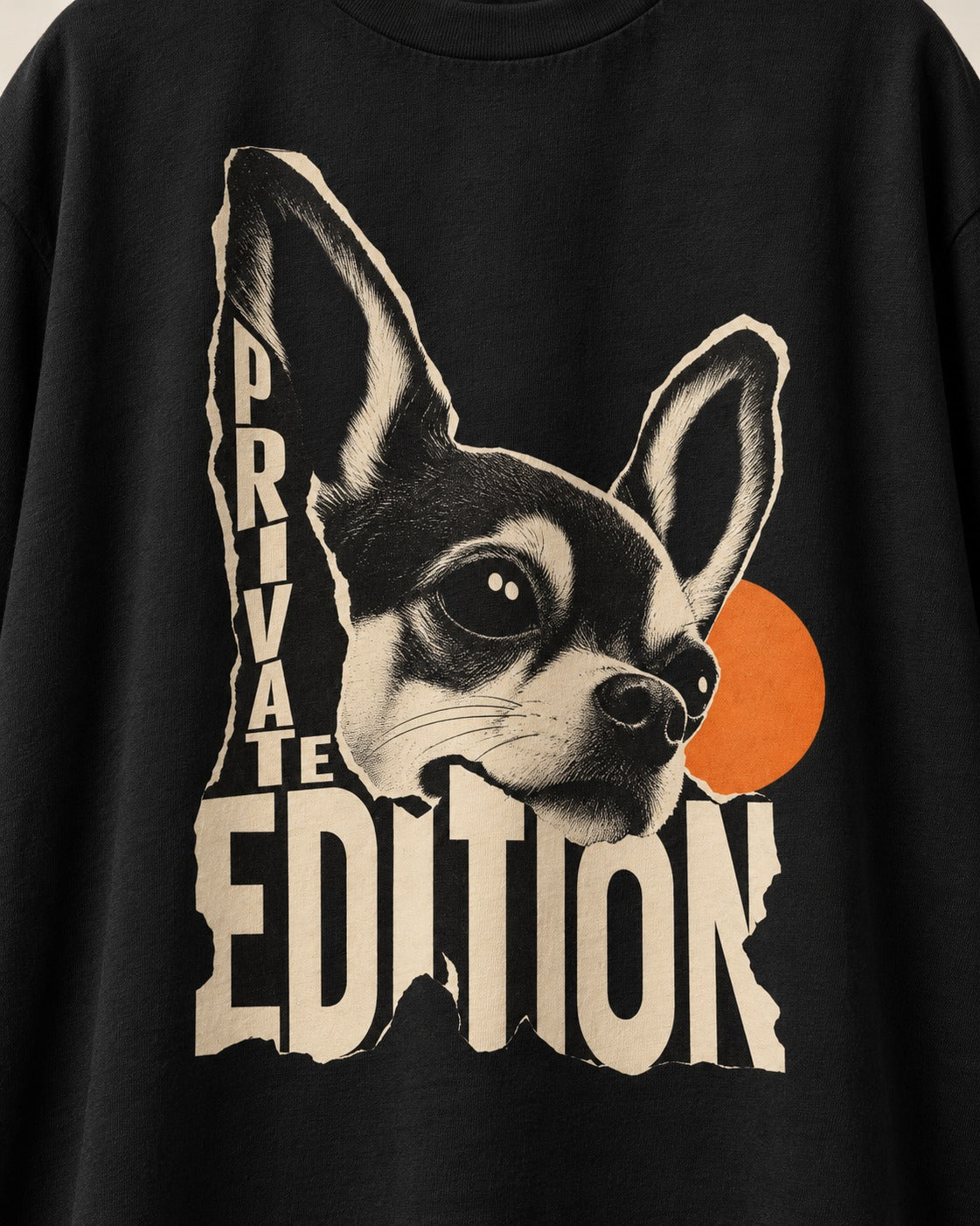 Chihuahua Private Edition Cut-Paper Portrait T-Shirt in Black, close-up of the graphic