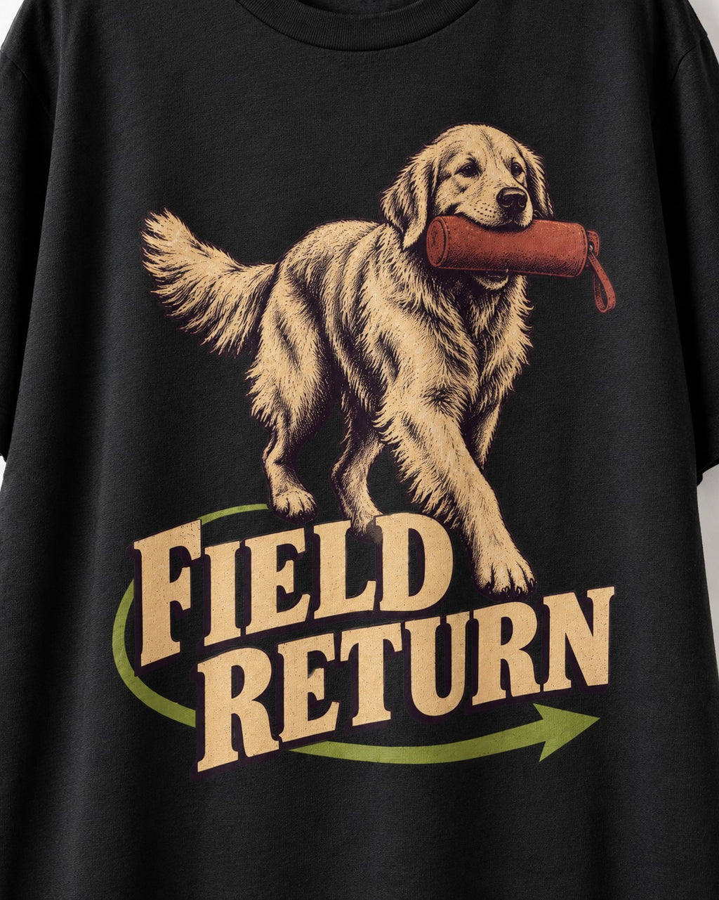 Golden Retriever Field Return Training Dummy Graphic T-Shirt in Black, close-up of the graphic