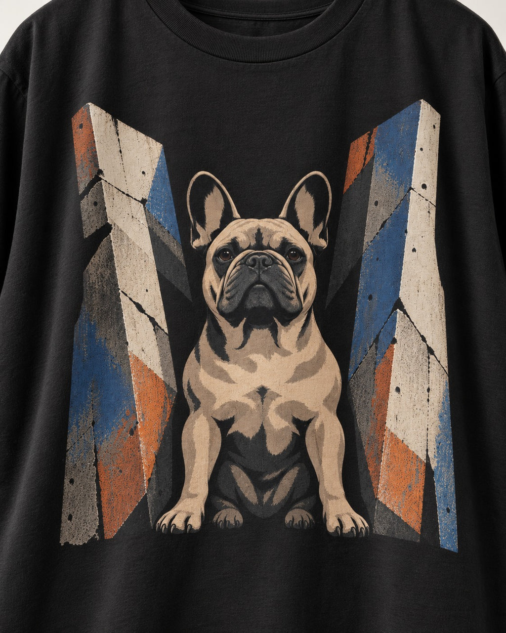 Frenchie Concrete Diplomat Barrier Portrait T-Shirt in Black, close-up of the graphic