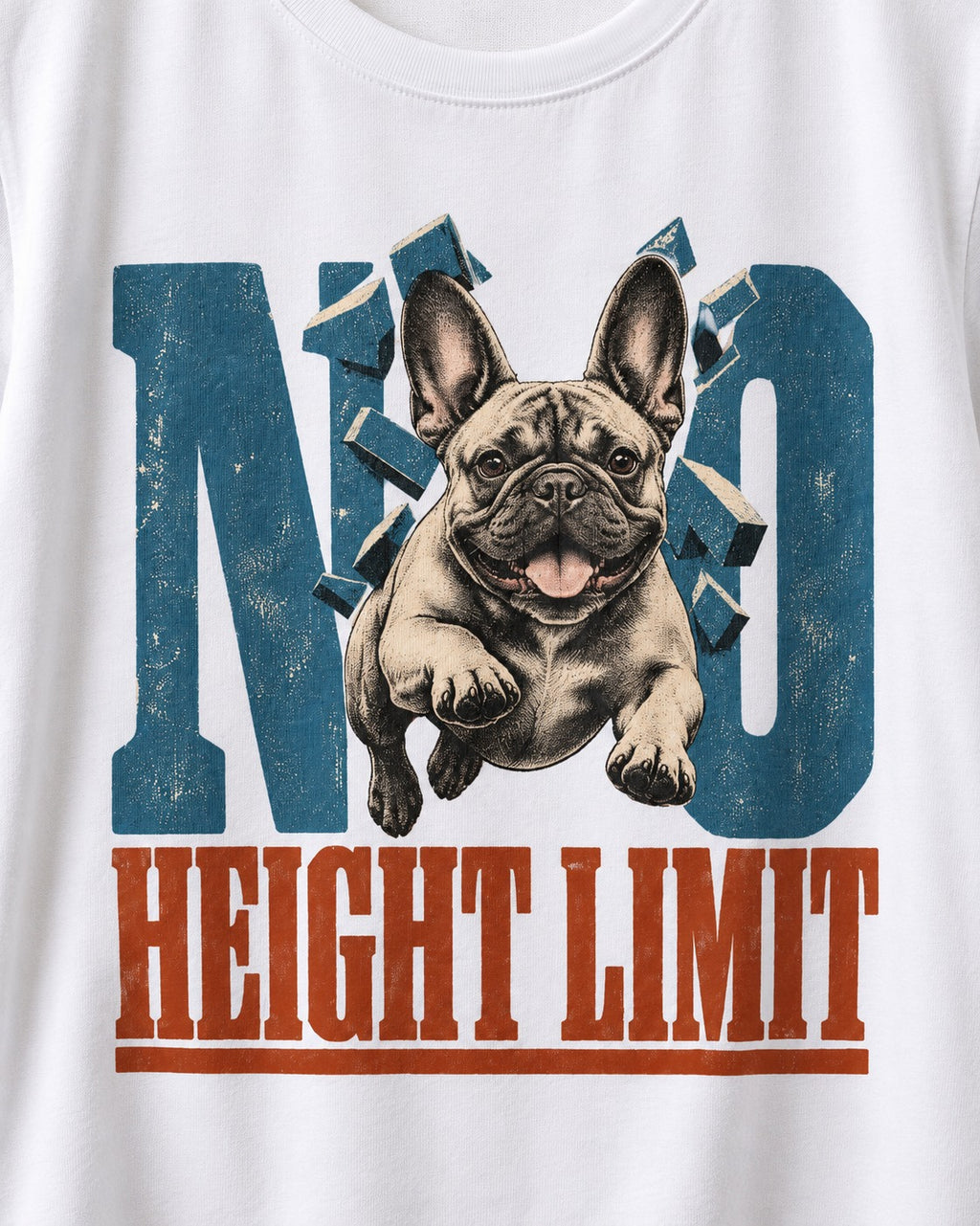 No Height Limit Frenchie T-Shirt in White, close-up of the graphic