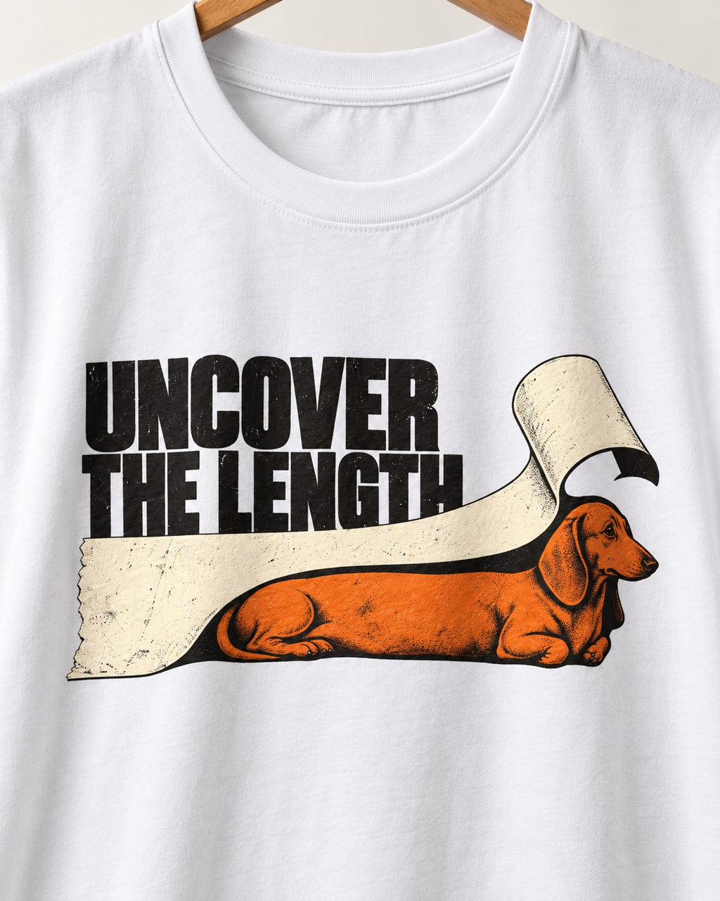 Uncover the Dachshund Length T-Shirt in White, close-up of the graphic