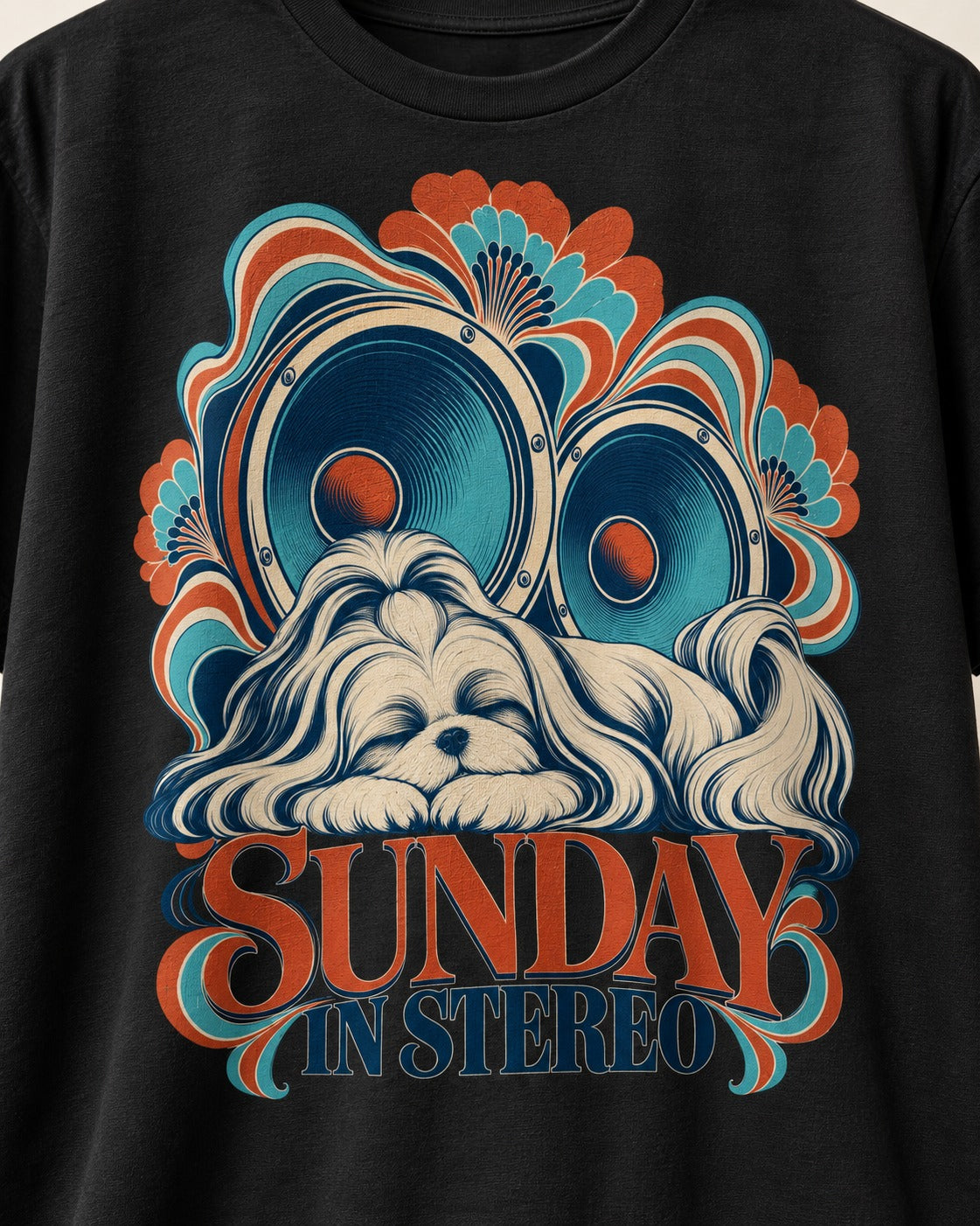 Shih Tzu Sunday in Stereo Retro Speaker Graphic T-Shirt in Black, close-up of the graphic