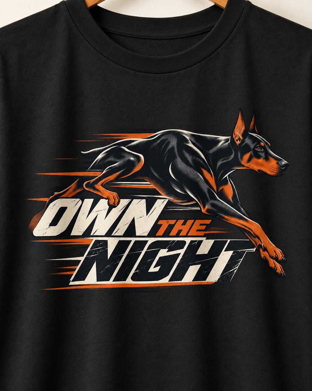 Doberman Own the Night Speed Graphic T-Shirt in Black, close-up of the graphic