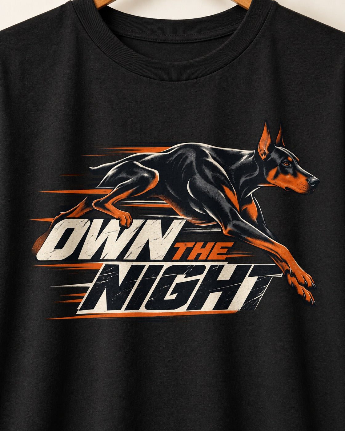 Doberman Own the Night Speed Graphic T-Shirt in Black, close-up of the graphic