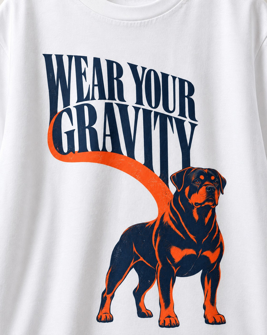 Wear Your Gravity Rottweiler T-Shirt in White, close-up of the graphic