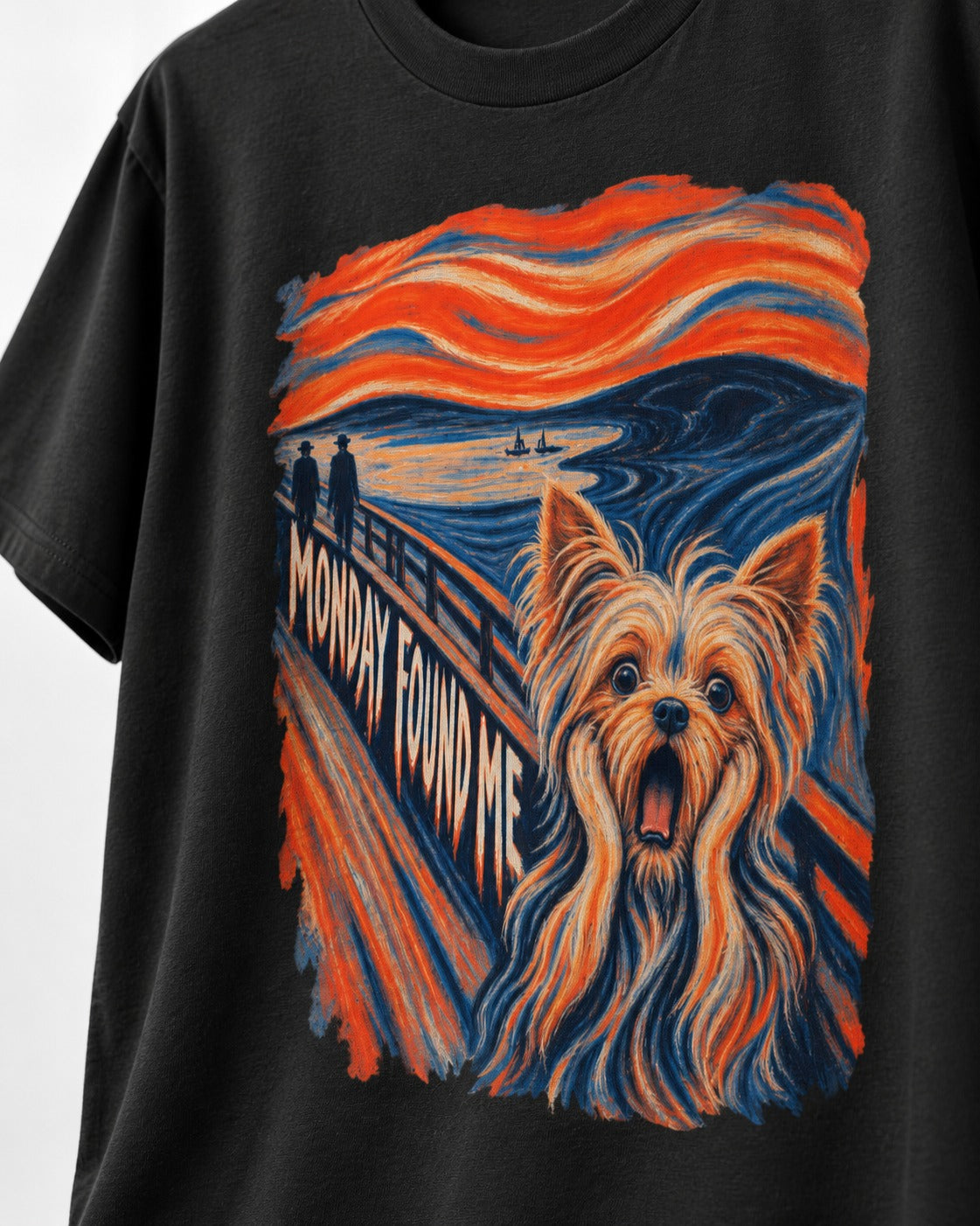 Yorkshire Terrier Monday Found Me Scream Parody Graphic T-Shirt in Black, close-up of the graphic