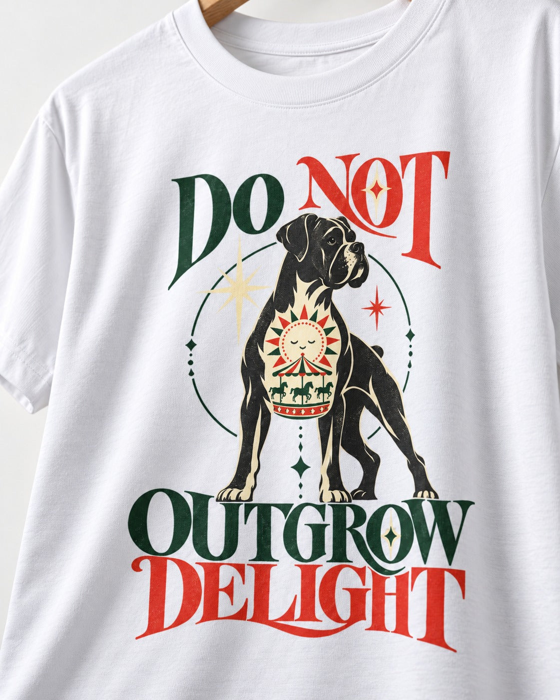 Boxer Do Not Outgrow Delight T-Shirt in White, close-up of the graphic