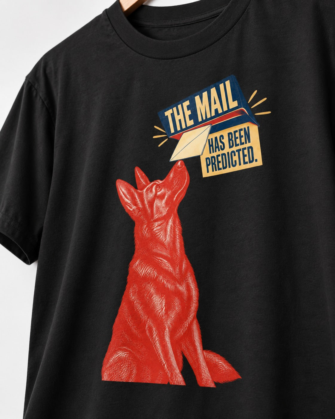 German Shepherd Dog Mail Predicted Graphic T-Shirt in Black, close-up of the graphic