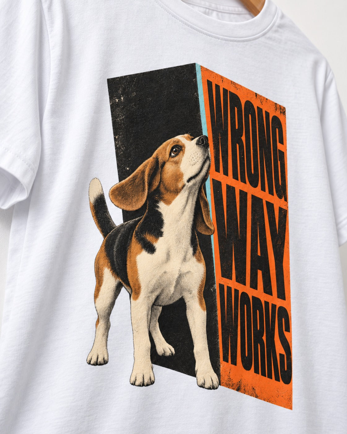 Wrong Way Works Beagle Poster T-Shirt in White, close-up of the graphic