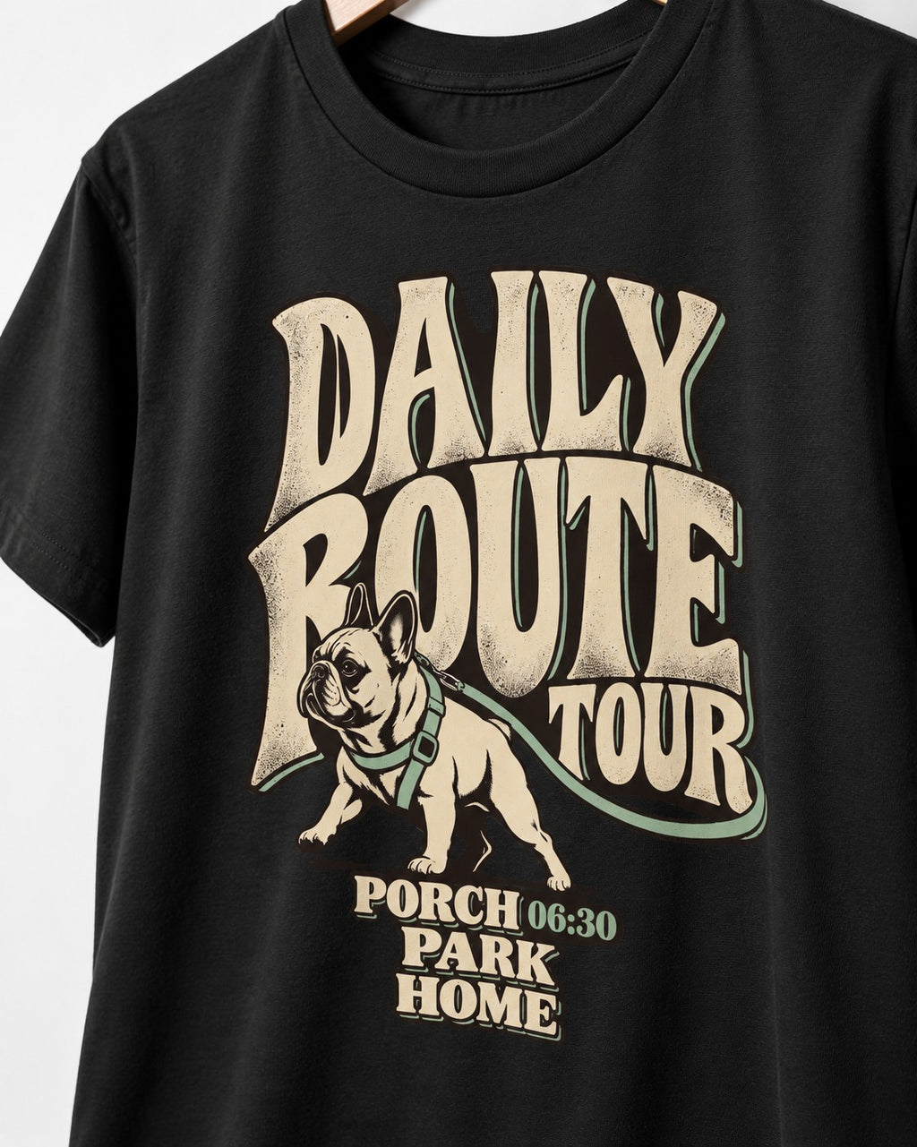 Frenchie Daily Route Tour Graphic T-Shirt in Black, close-up of the graphic