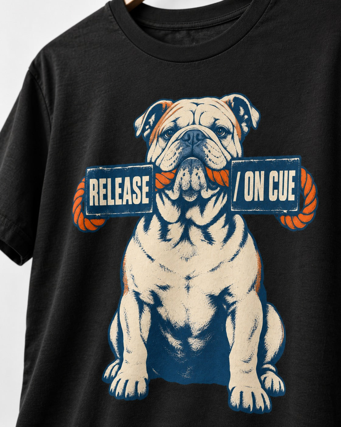 English Bulldog Release on Cue Rope Sign Graphic T-Shirt in Black, close-up of the graphic