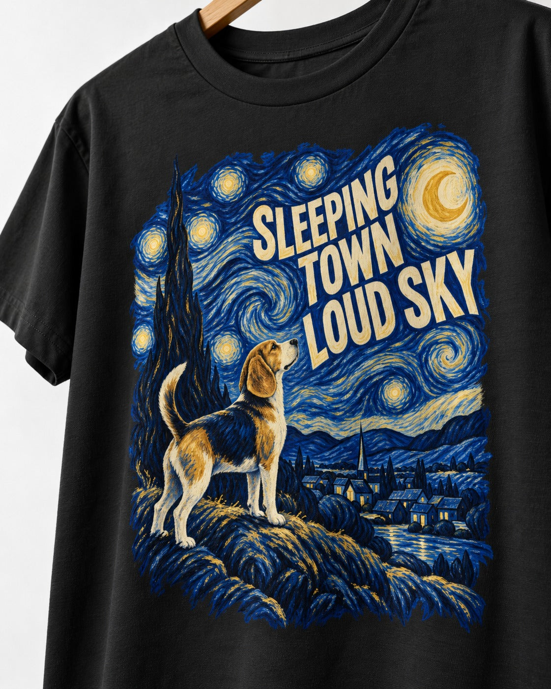 Sleeping Town Loud Sky Beagle Nightscape T-Shirt in Black, close-up of the graphic