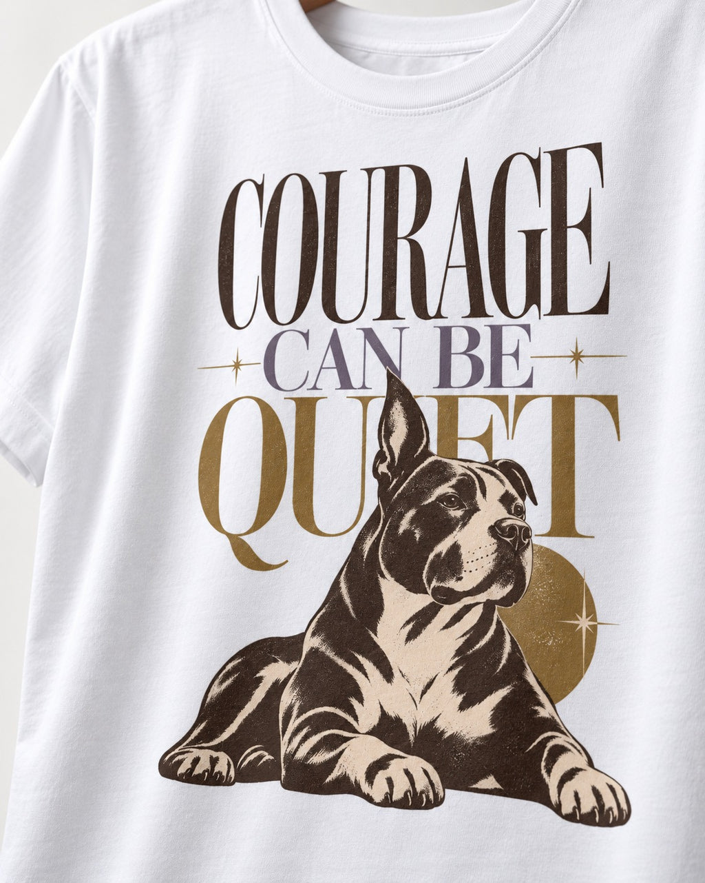Pitbull Courage Can Be Quiet T-Shirt in White, close-up of the graphic