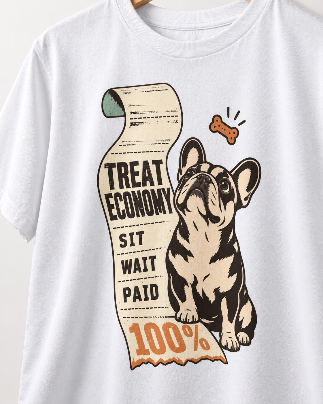 Sit Wait Paid Frenchie T-Shirt in White, close-up of the graphic