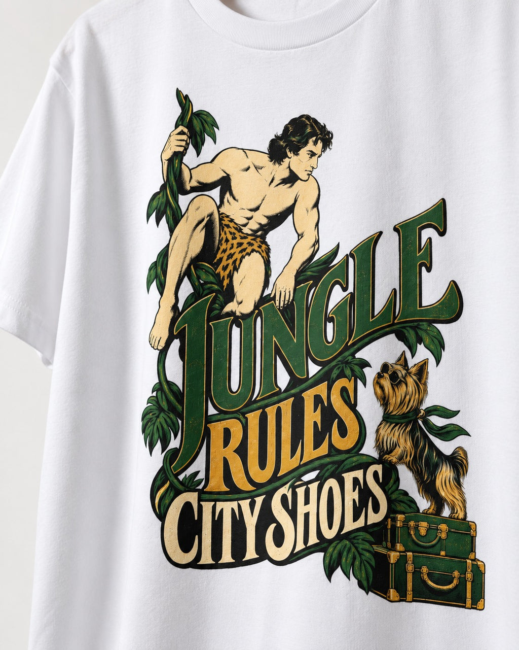 Jungle Rules City Shoes Yorkshire Terrier T-Shirt in White, close-up of the graphic