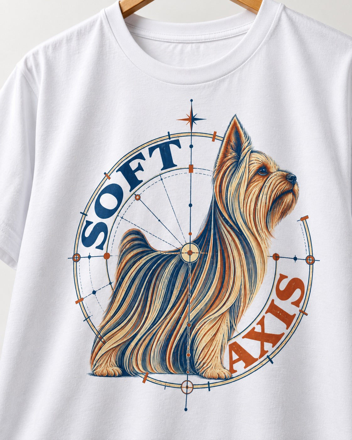 Soft Axis Yorkshire Terrier T-Shirt in White, close-up of the graphic