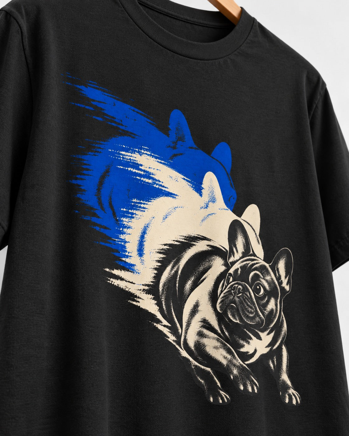 Frenchie Blue Brush Zoomie Graphic T-Shirt in Black, close-up of the graphic