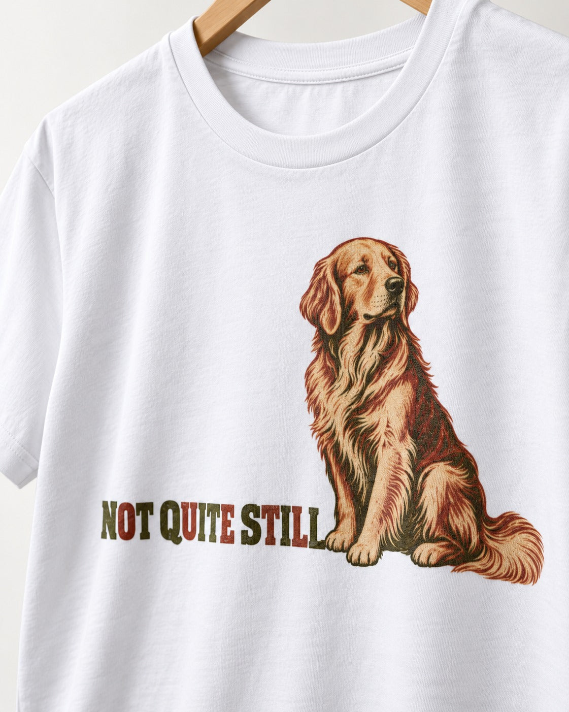 Golden Retriever Not Quite Still T-Shirt in White, close-up of the graphic