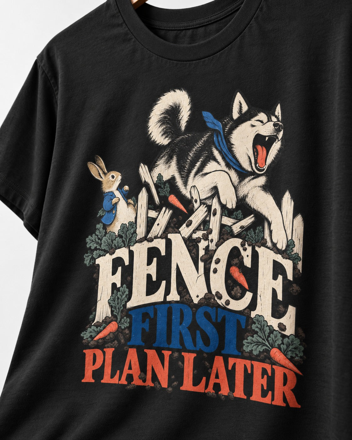 Husky Fence First Plan Later Garden Escape Graphic T-Shirt in Black, close-up of the graphic