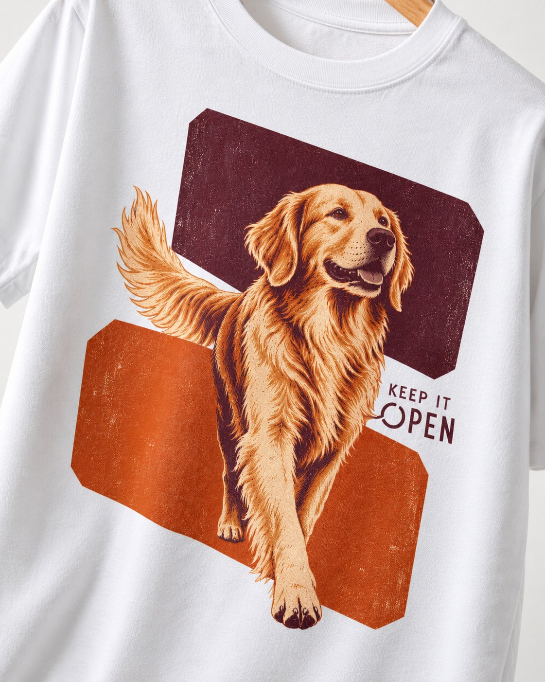 Golden Retriever Keep It Open T-Shirt in White, close-up of the graphic