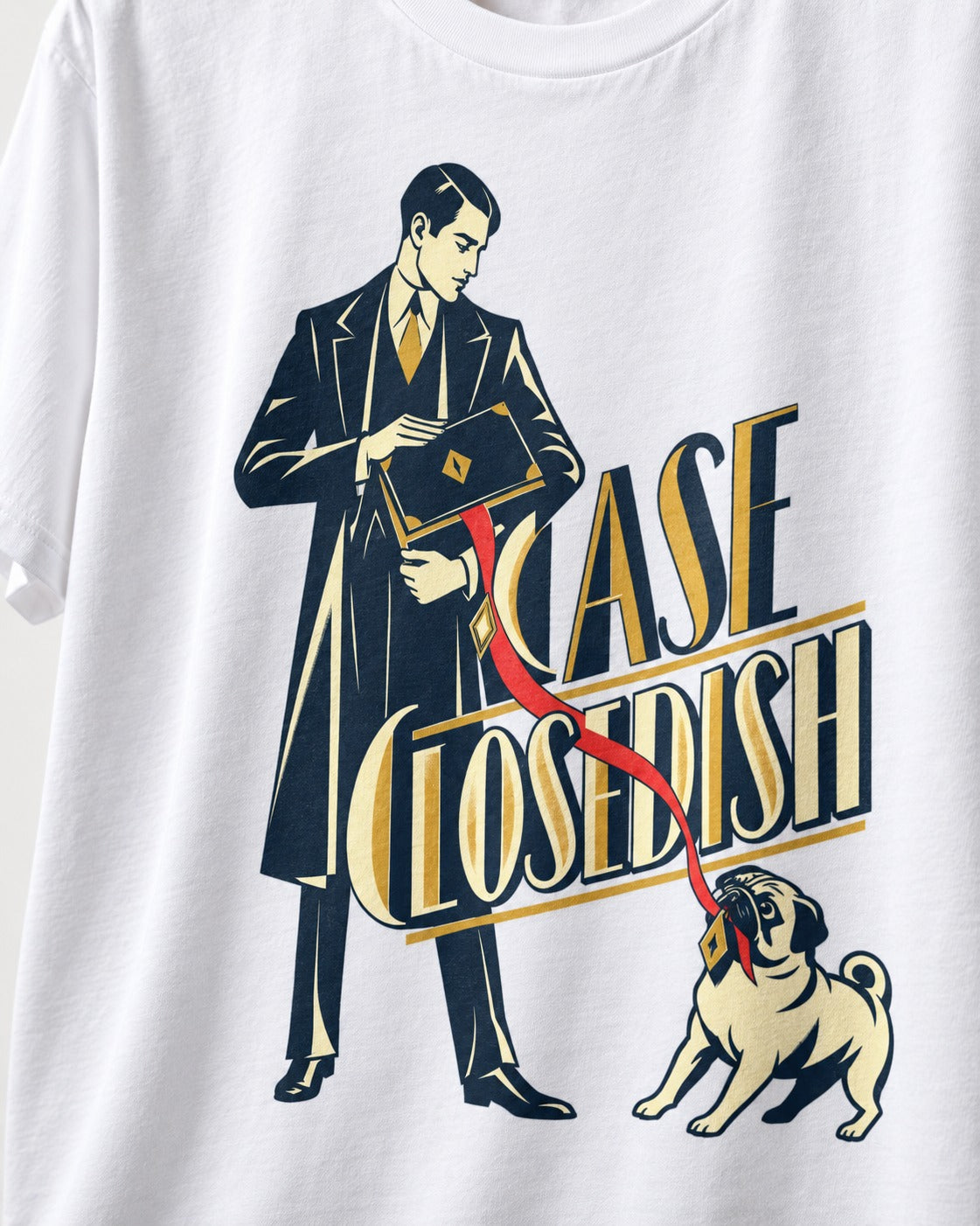 Case Closedish Pug T-Shirt in White, close-up of the graphic
