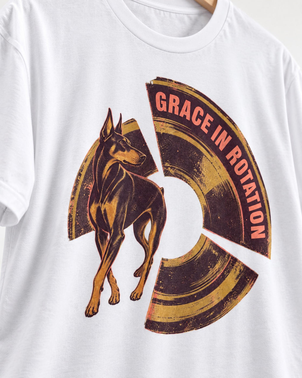Doberman Grace in Rotation T-Shirt in White, close-up of the graphic