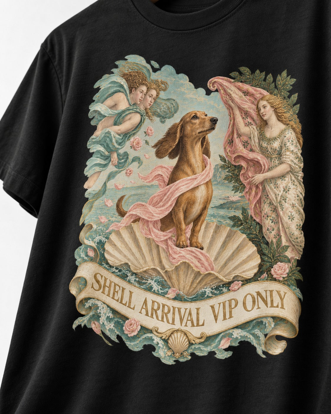 Dachshund Shell Arrival VIP Only Venus Parody Graphic T-Shirt in Black, close-up of the graphic