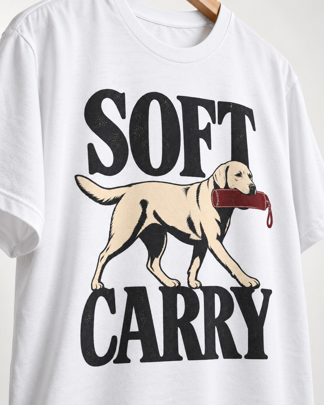 Soft Carry Labrador Retriever T-Shirt in White, close-up of the graphic
