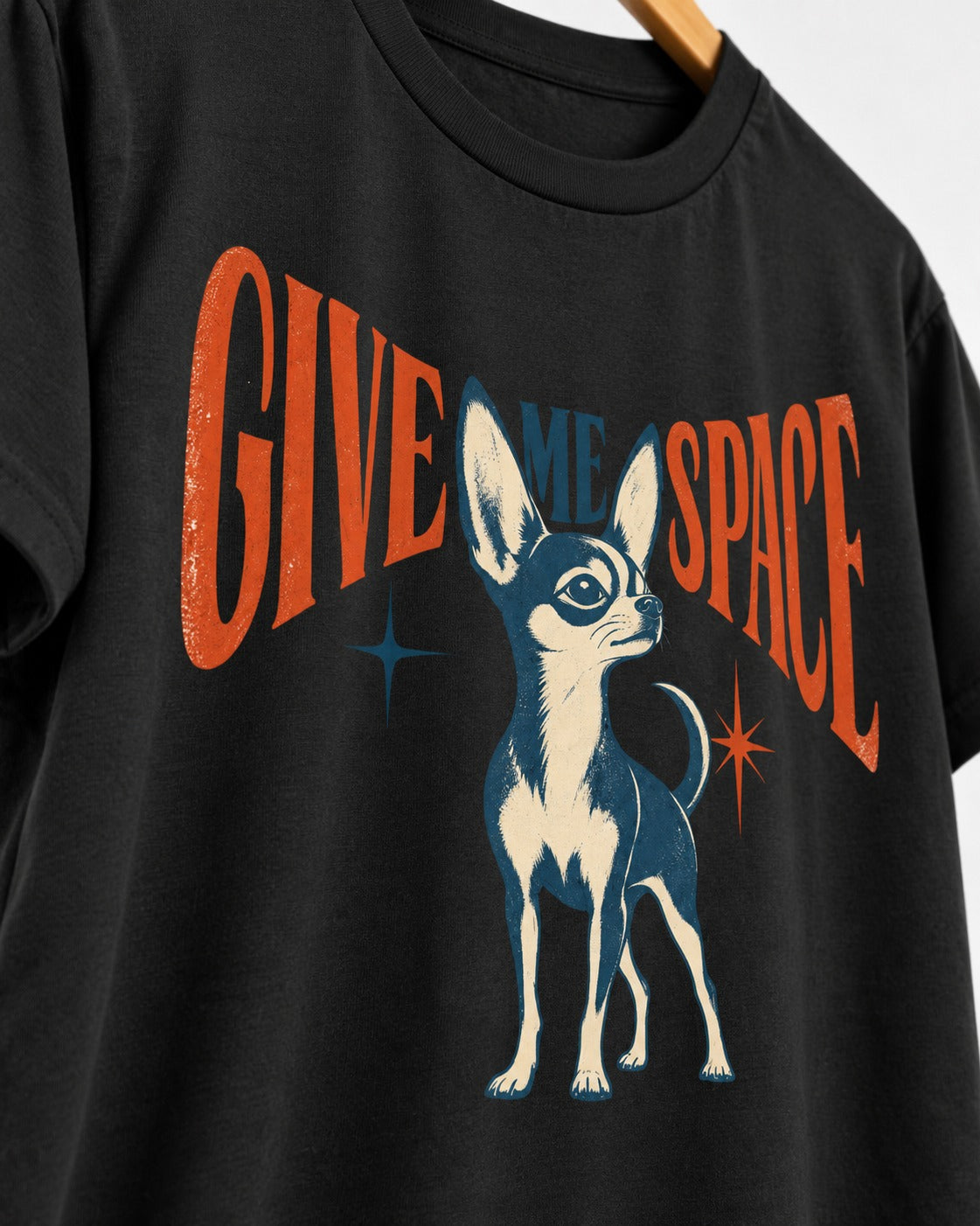 Chihuahua Give Me Space Starburst Graphic T-Shirt in Black, close-up of the graphic
