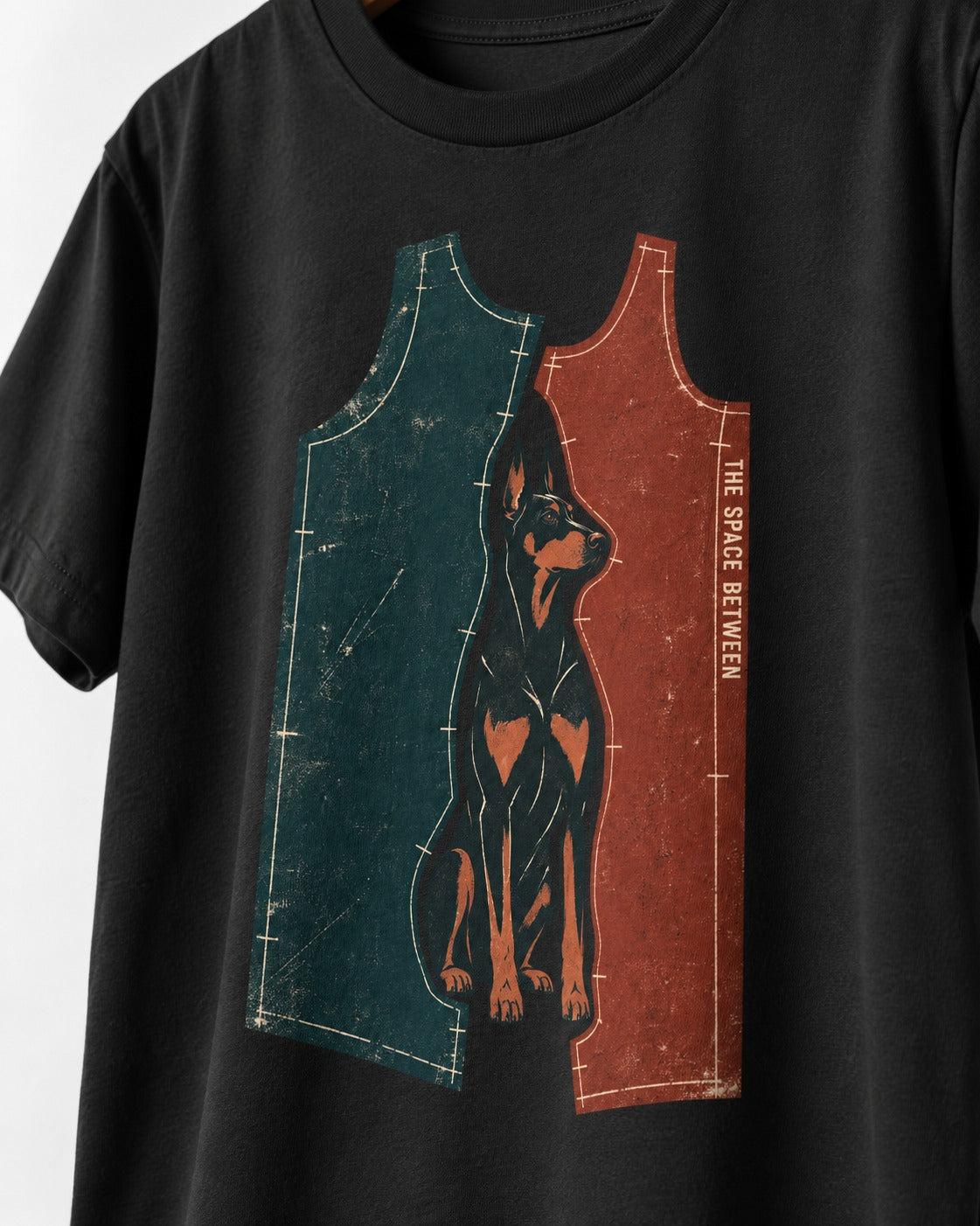 Doberman The Space Between Pattern Pieces Graphic T-Shirt in Black, close-up of the graphic