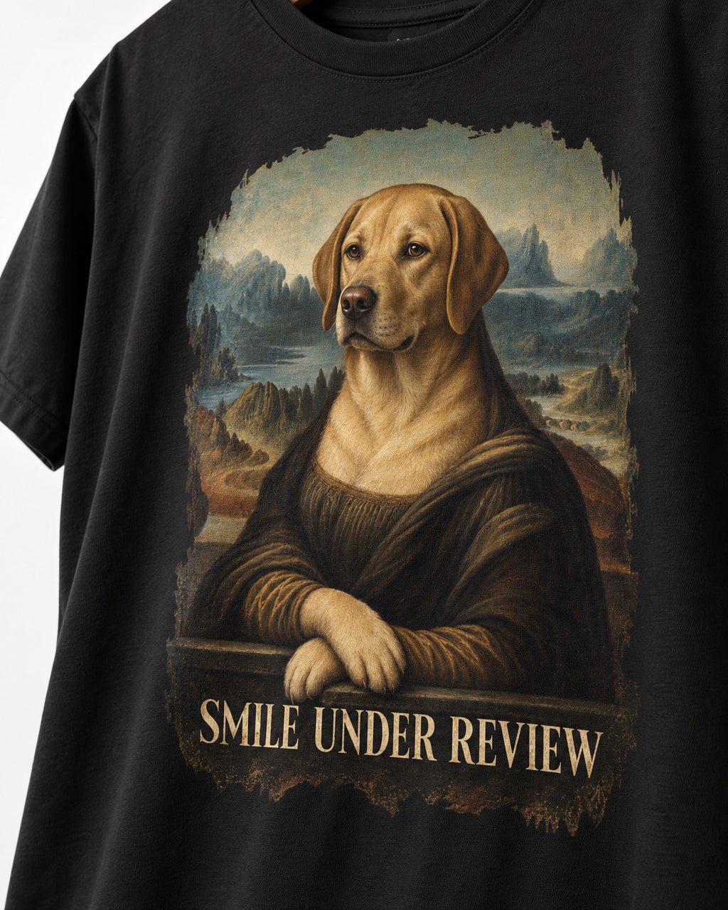 Labrador Retriever Smile Under Review Mona Lisa Graphic T-Shirt in Black, close-up of the graphic
