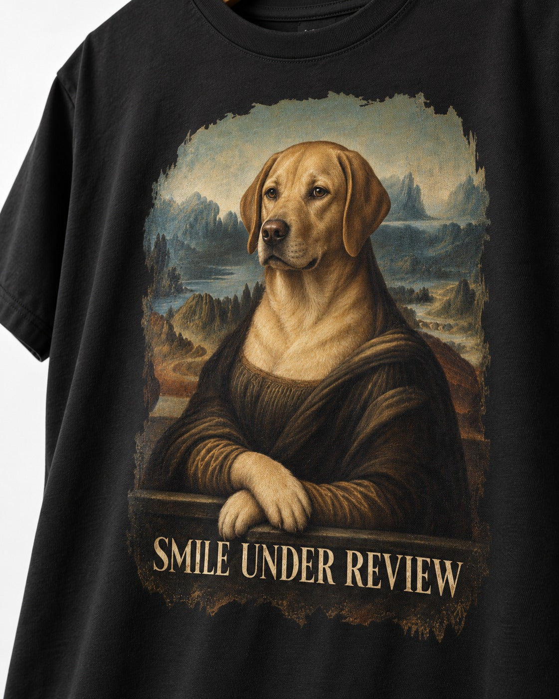 Labrador Retriever Smile Under Review Mona Lisa Graphic T-Shirt in Black, close-up of the graphic