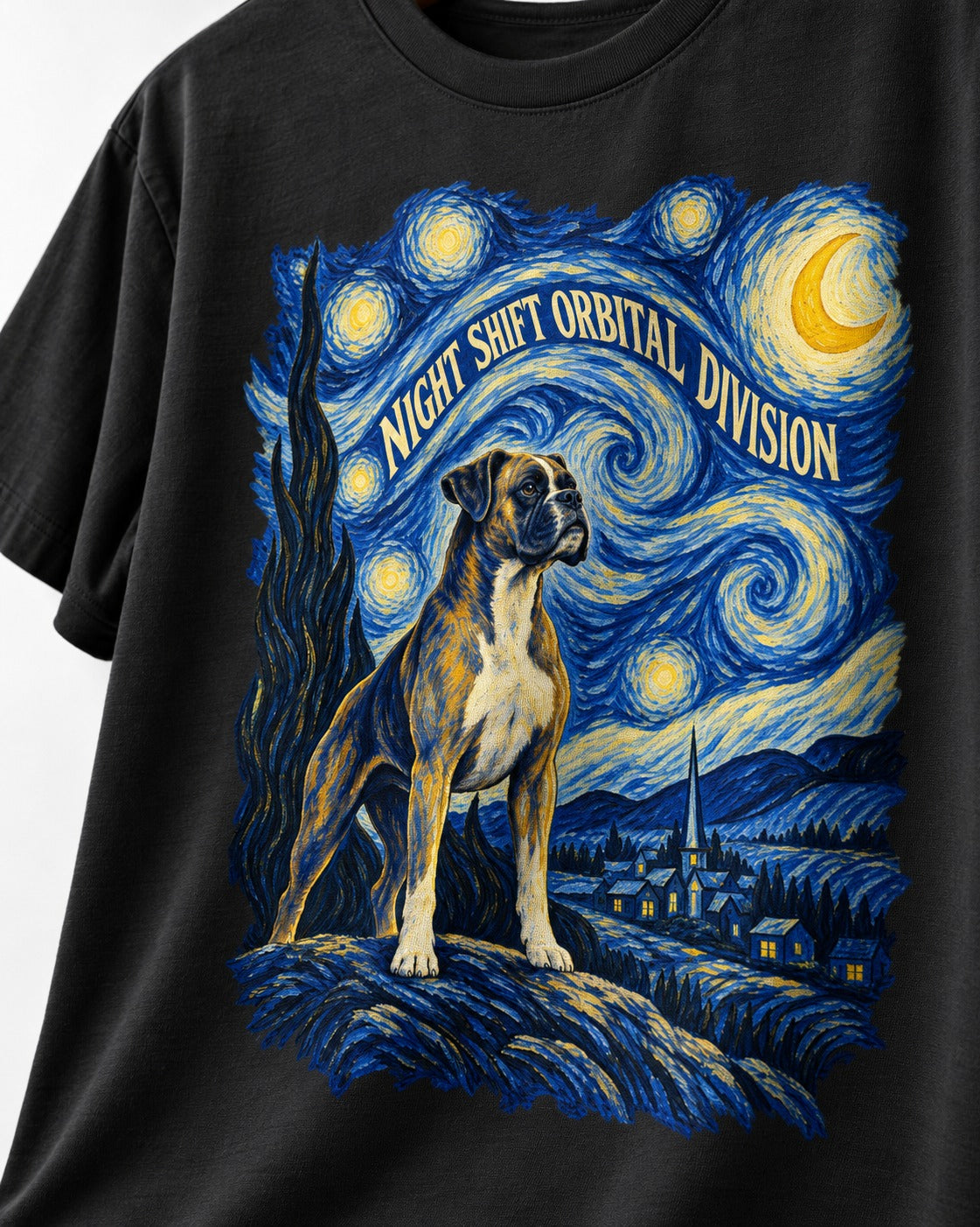 Night Shift Orbital Division Boxer Night Sky Graphic T-Shirt in Black, close-up of the graphic