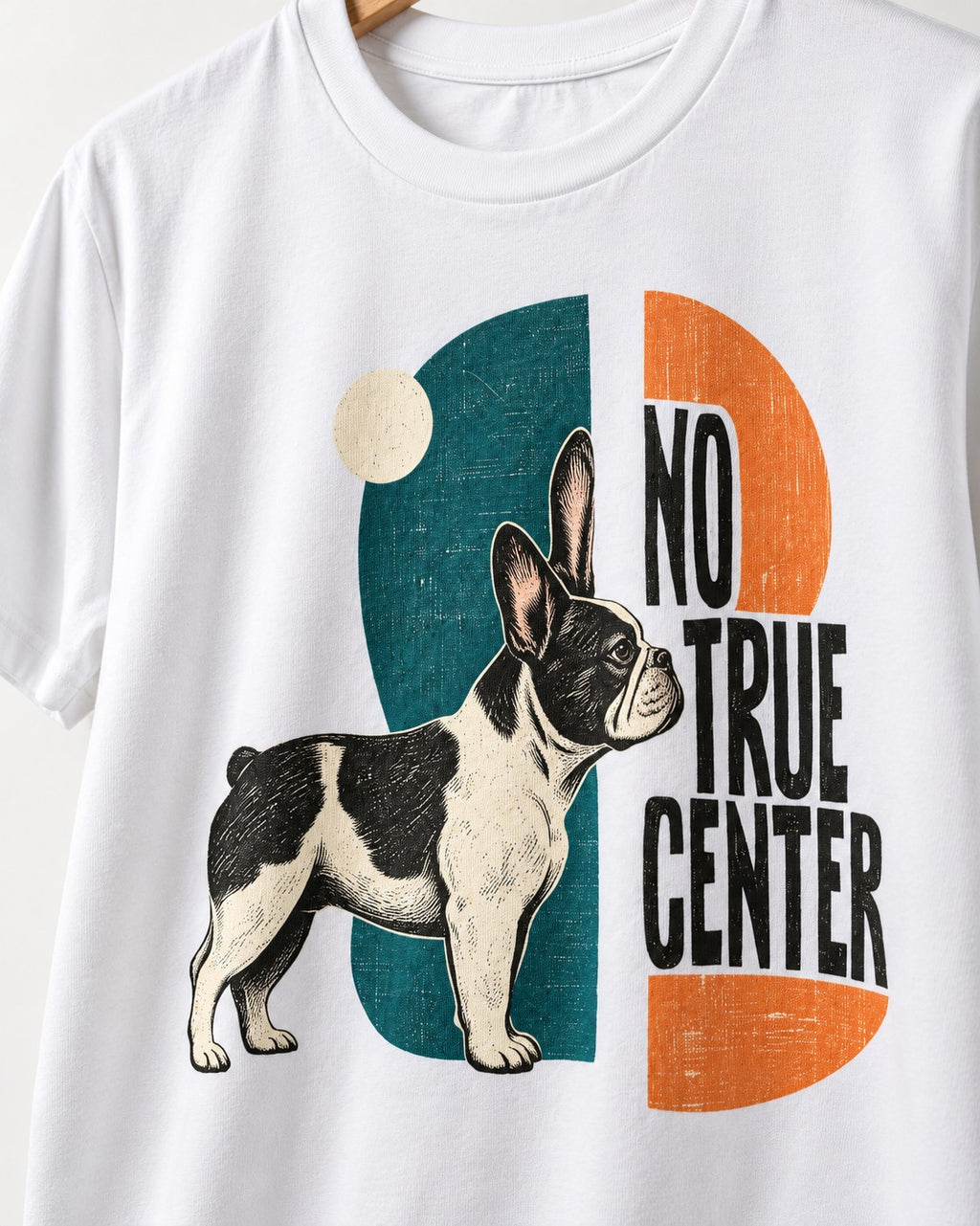 No True Center Frenchie T-Shirt in White, close-up of the graphic