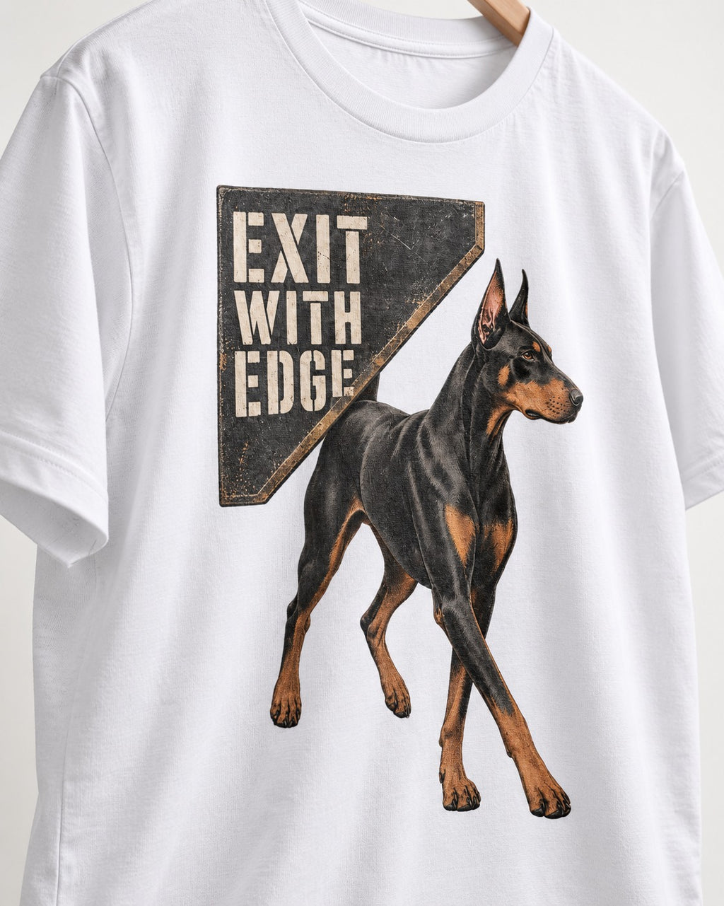 Exit with Doberman Edge T-Shirt in White, close-up of the graphic