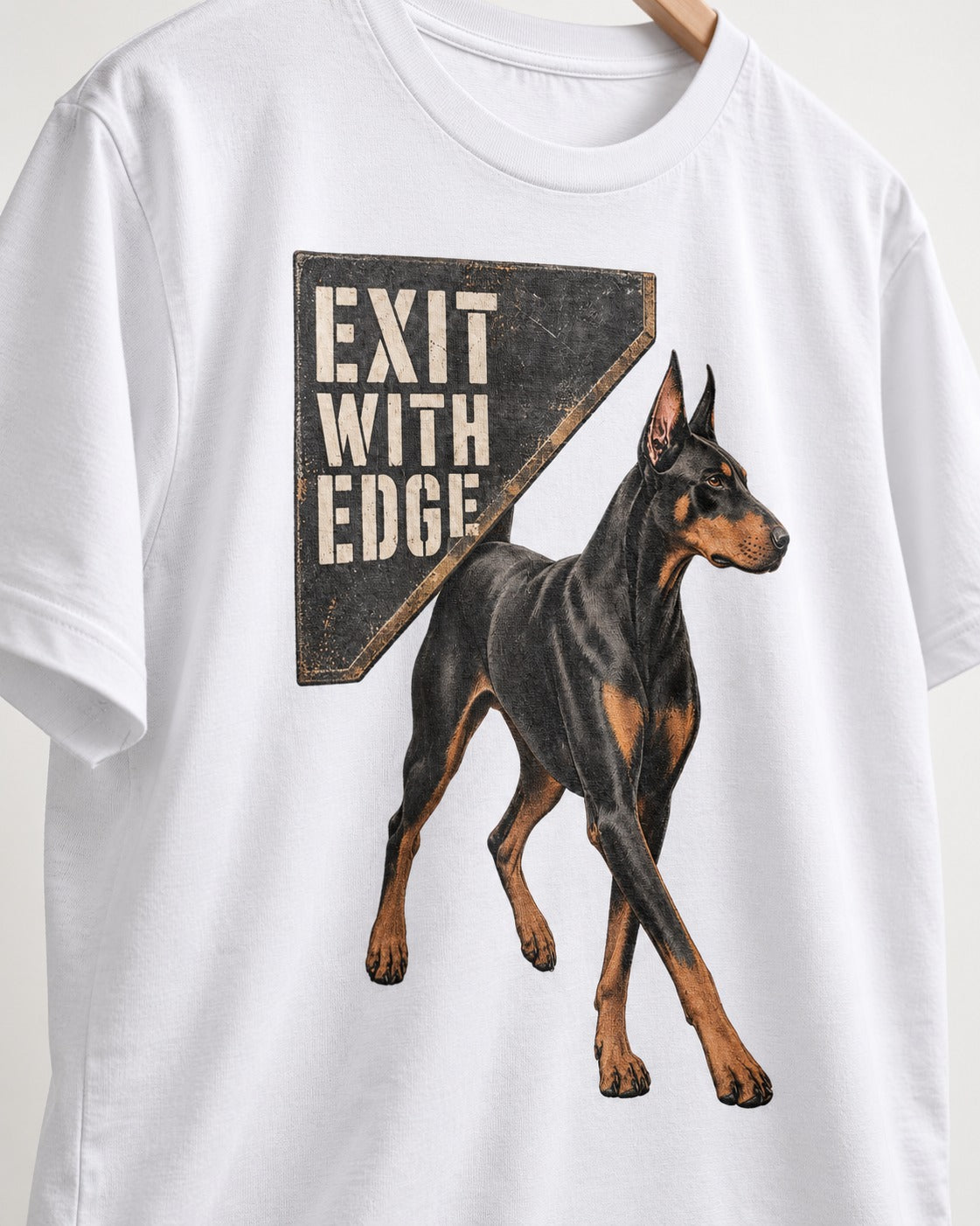 Exit with Doberman Edge T-Shirt in White, close-up of the graphic