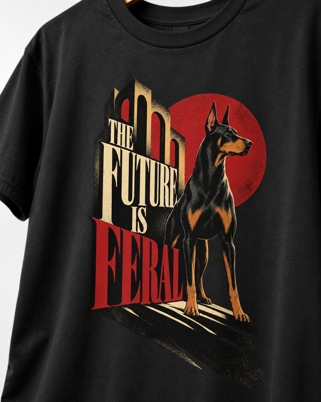 Doberman The Future Is Feral Art Deco Graphic T-Shirt in Black, close-up of the graphic