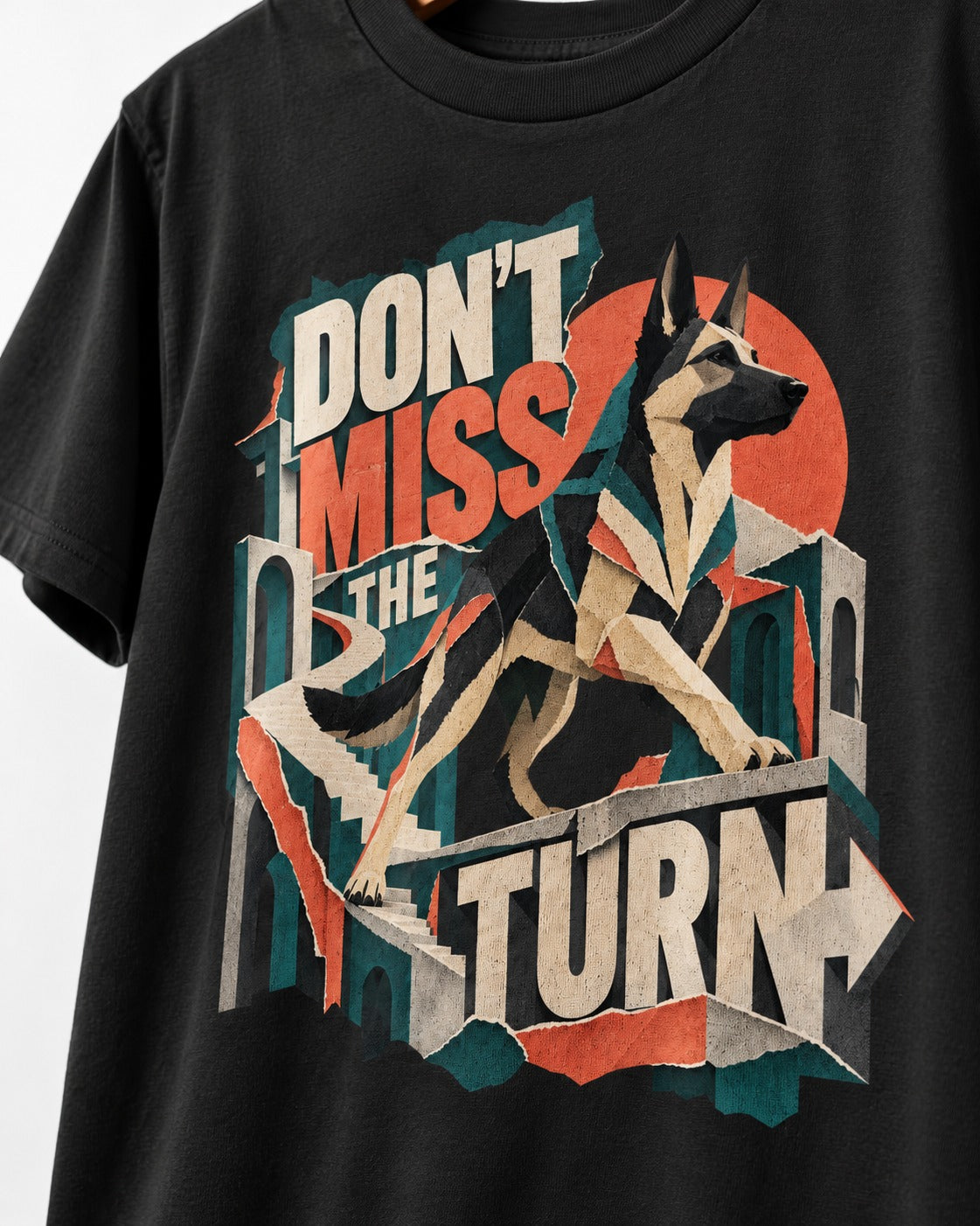 Dont Miss The Turn Escher Staircase German Shepherd Dog Graphic T-Shirt in Black, close-up of the graphic