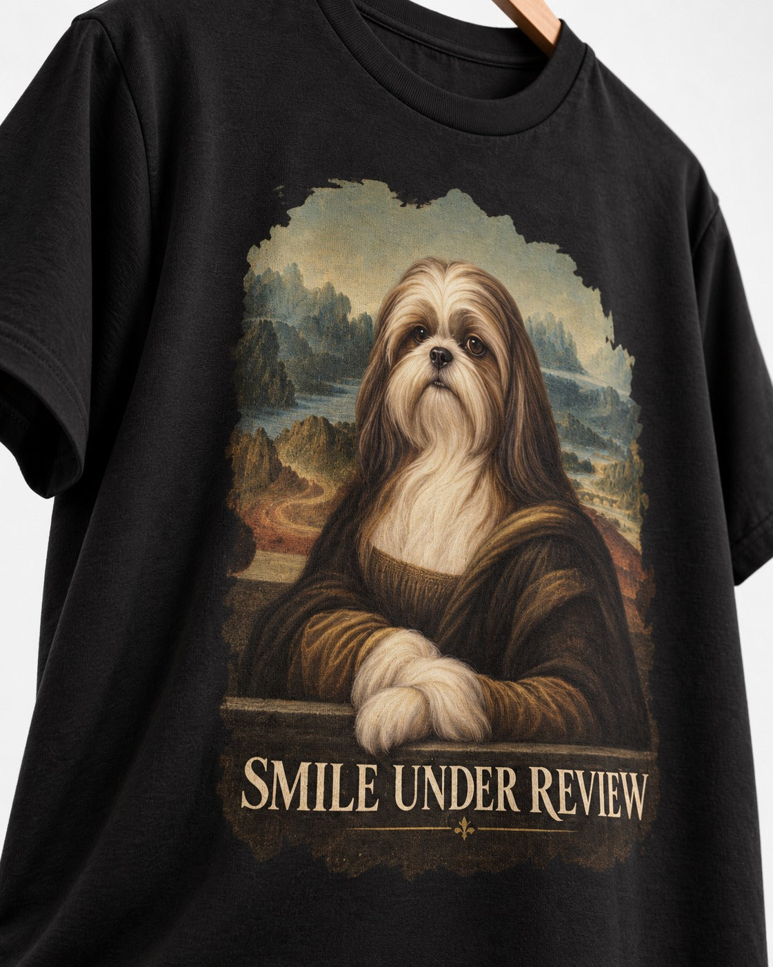 Shih Tzu Smile Under Review Old Master Portrait Graphic T-Shirt in Black, close-up of the graphic