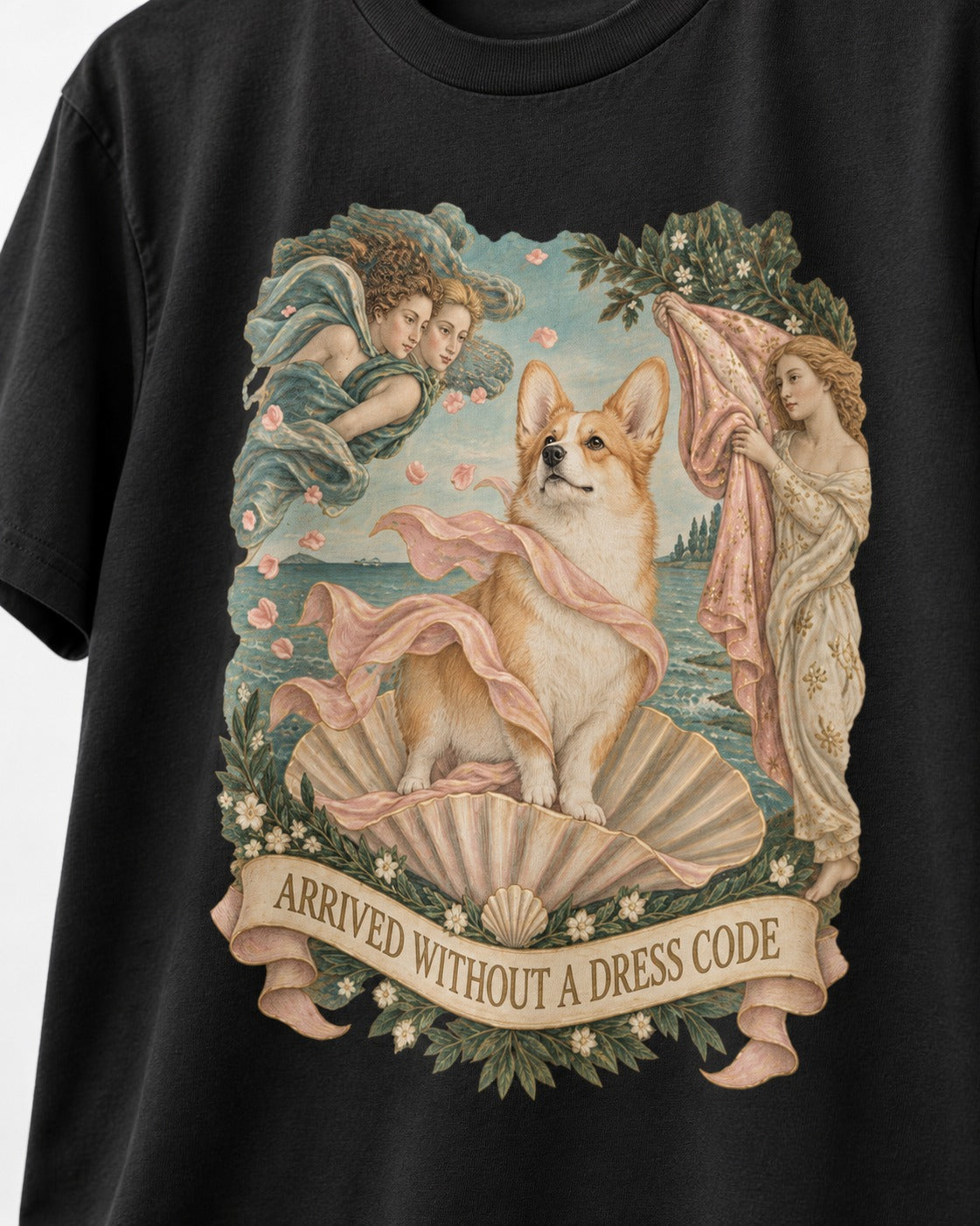 Corgi Arrived Without a Dress Code Birth of Venus T-Shirt in Black, close-up of the graphic
