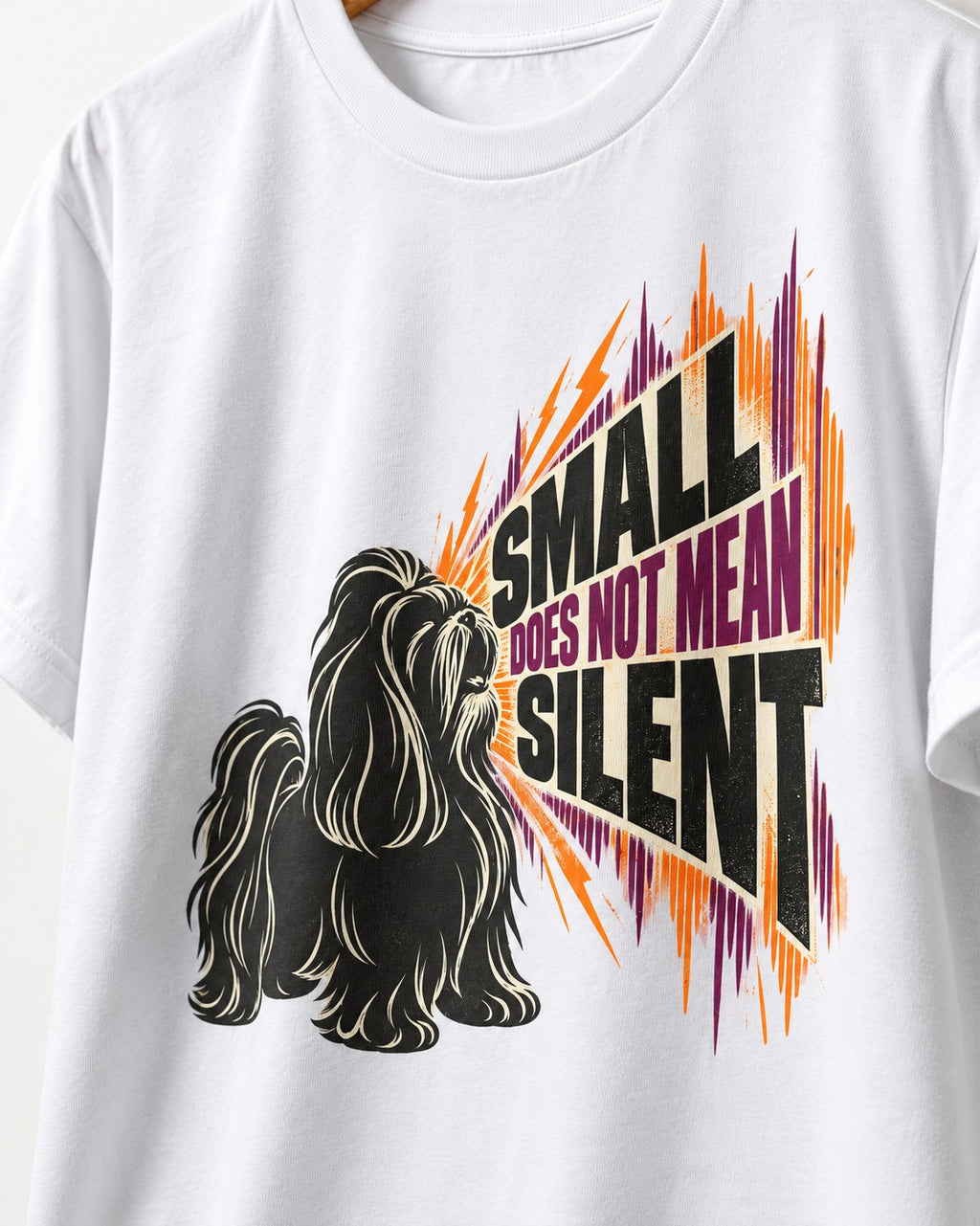 Small Not Silent Shih Tzu T-Shirt in White, close-up of the graphic