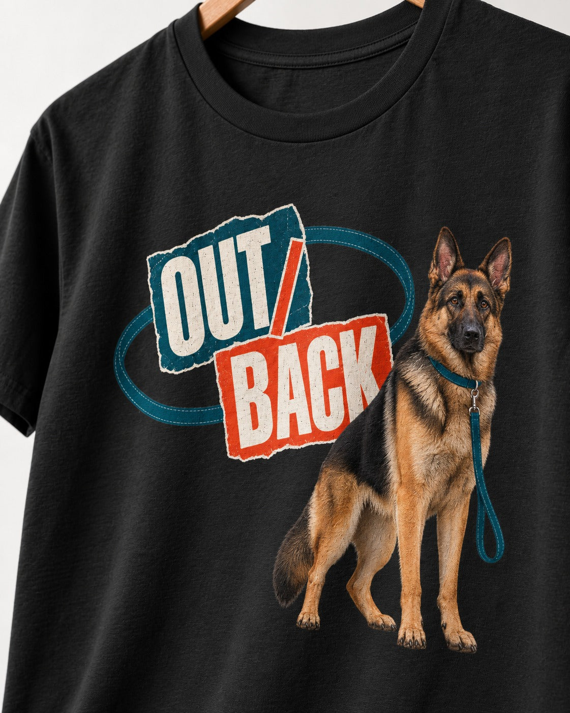 Out Back Leash German Shepherd Dog Graphic T-Shirt in Black, close-up of the graphic