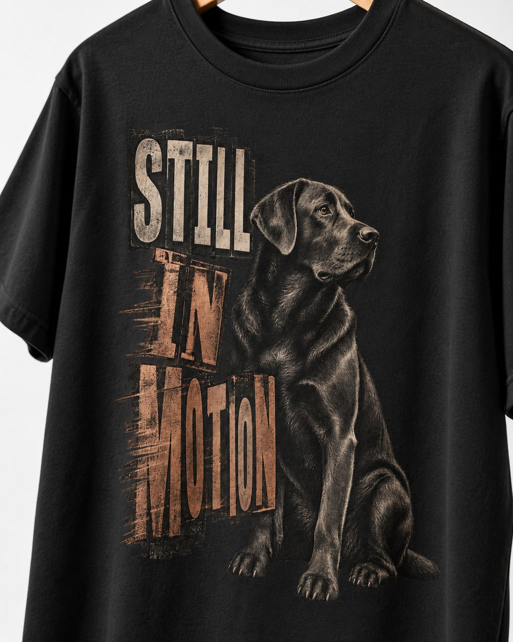 Labrador Retriever Still in Motion Seated Graphic T-Shirt in Black, close-up of the graphic