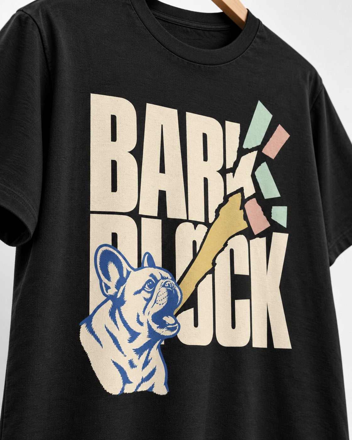 Frenchie Bark Breaks Bark Block Graphic T-Shirt in Black, close-up of the graphic