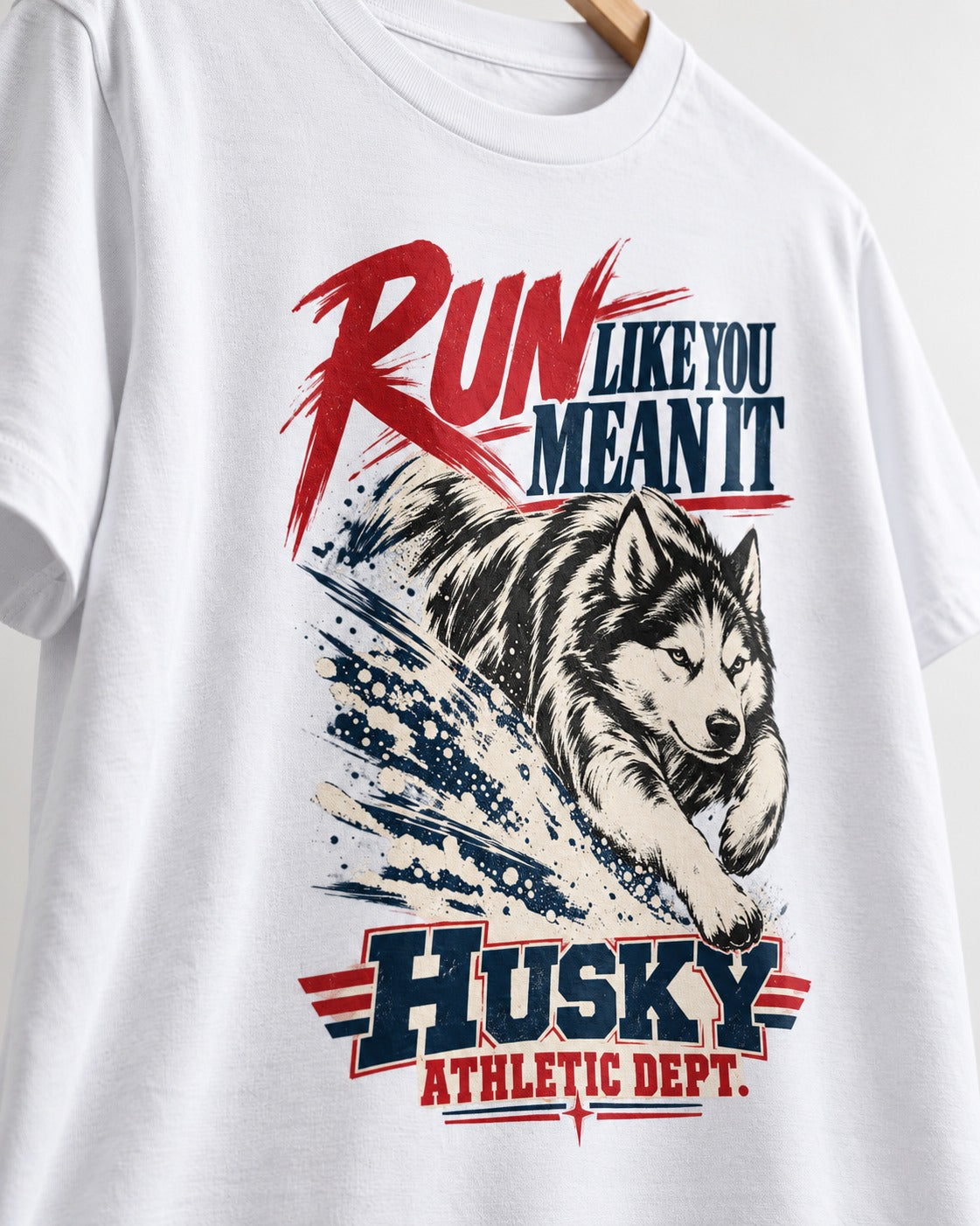 Husky Run with Purpose T-Shirt in White, close-up of the graphic
