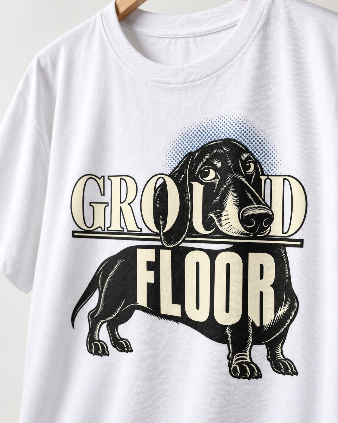 Ground Floor Dachshund T-Shirt in White, close-up of the graphic
