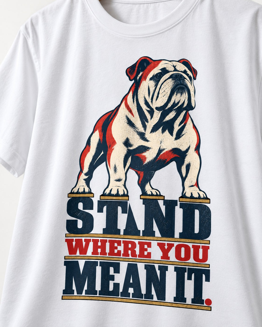 English Bulldog Stand T-Shirt in White, close-up of the graphic