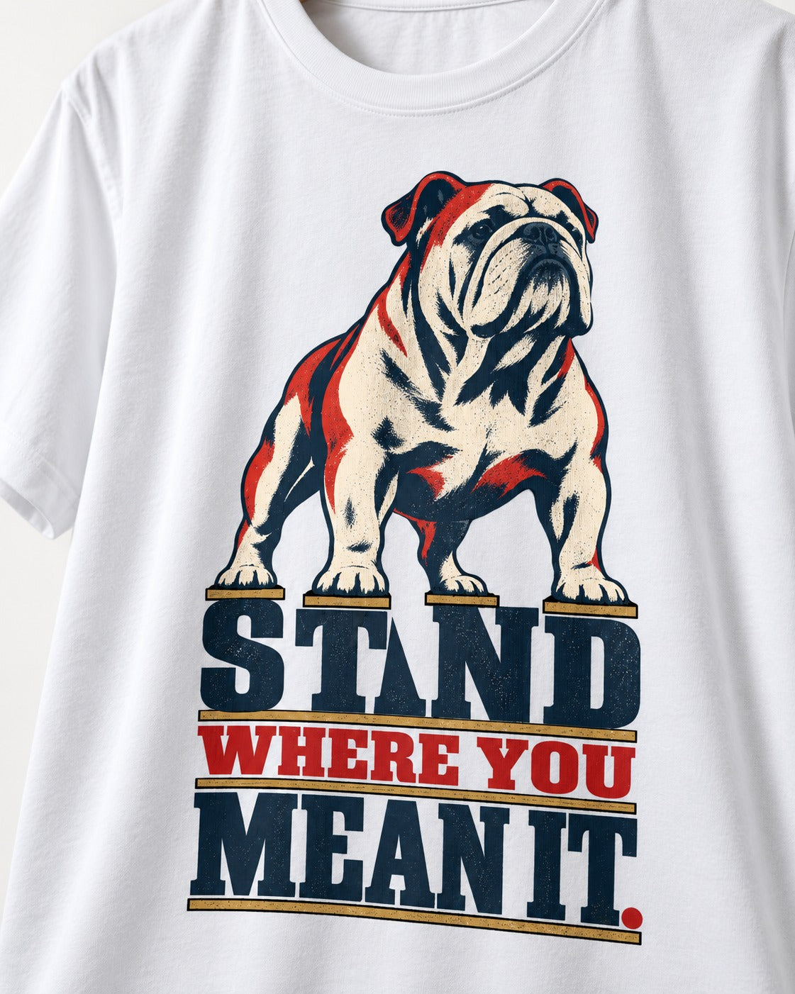 English Bulldog Stand T-Shirt in White, close-up of the graphic