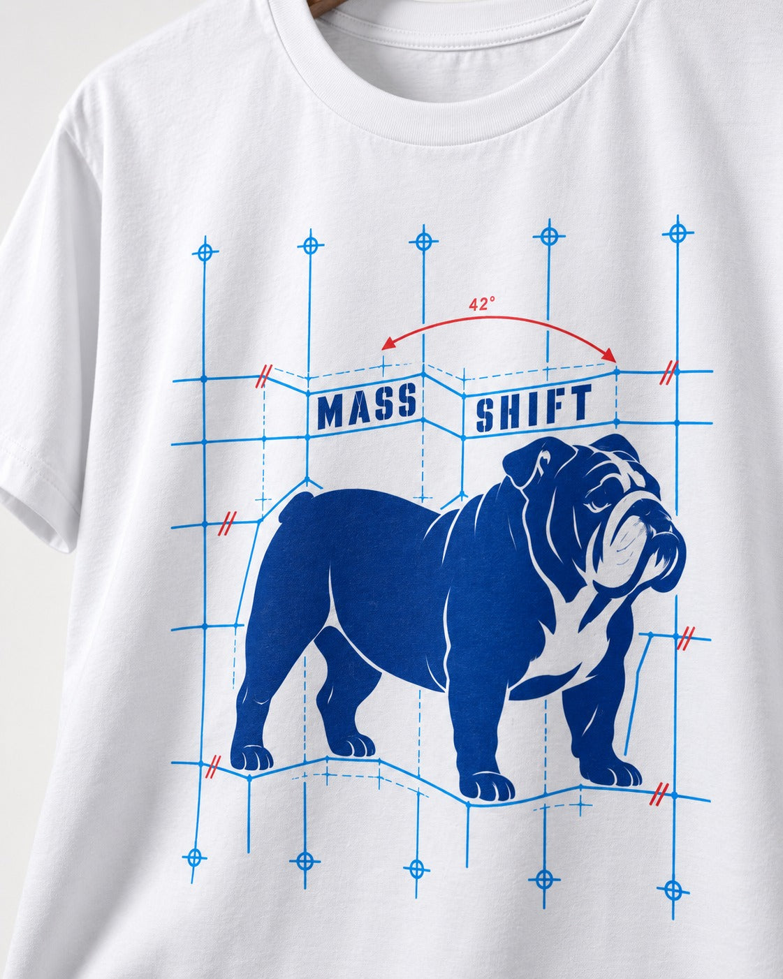 Mass Shift English Bulldog T-Shirt in White, close-up of the graphic