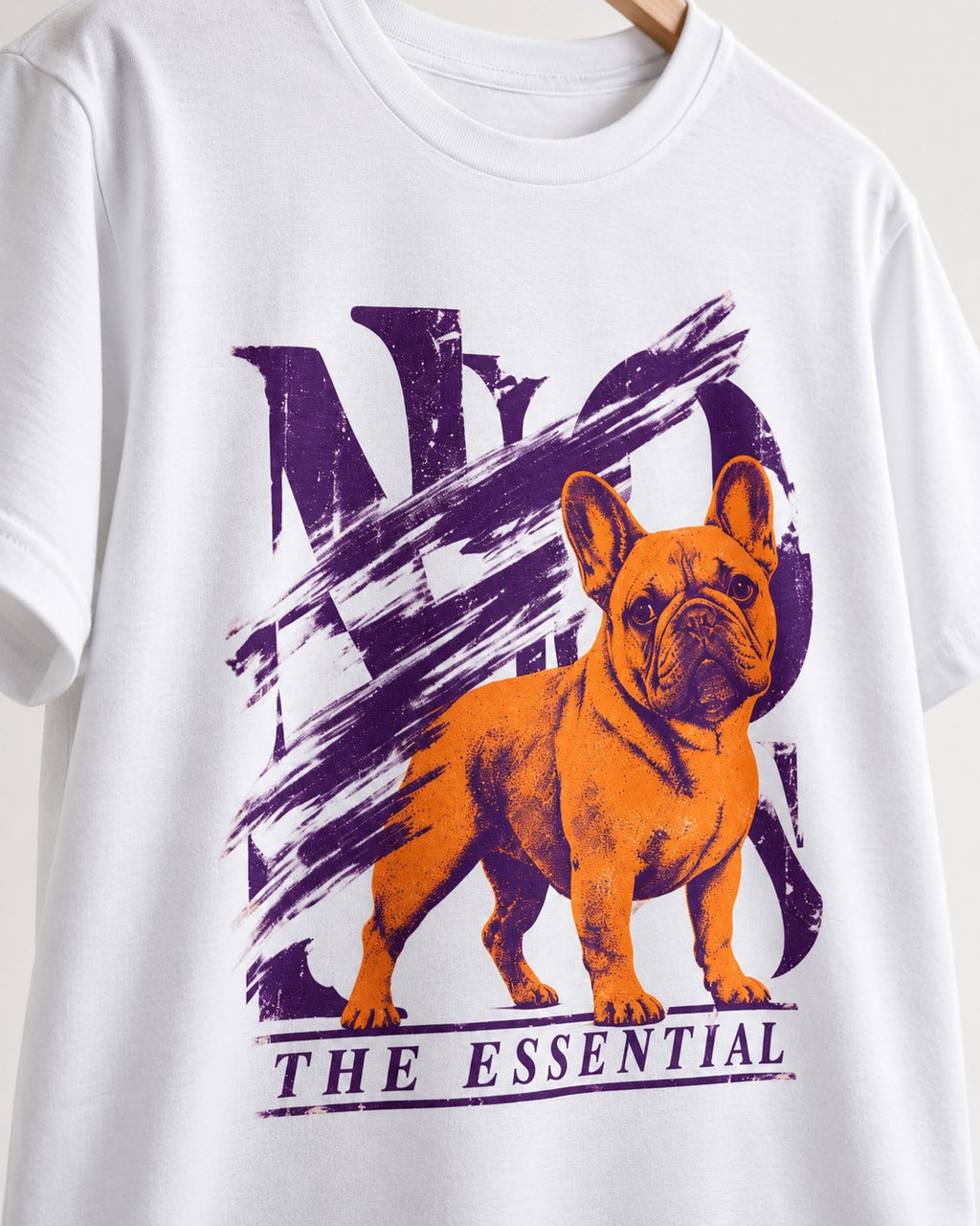 The Essential Frenchie T-Shirt in White, close-up of the graphic